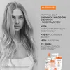 A woman with long blonde hair is shown in a black and white image, with marketing text and product images on the right side. Podgląd zdjęcia produktu