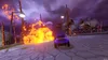 A purple toy car is driving on a road with a large fire on the left side and a dark, stormy sky in the background. Produktbild-Vorschau