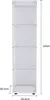 A tall, narrow white display cabinet with four glass shelves, shown from the front. Dimensions are indicated with measurement lines and text. Produktbild-Vorschau