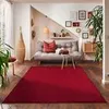 A living room scene with a red rug in the foreground, a sofa, and decorative items.