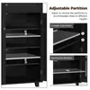 An open cabinet showing adjustable shelves and diagrams illustrating how to adjust them. Produktbild-Vorschau