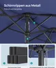 Close-up view of the metal ribs and pole of a dark blue umbrella, with inset images showing steel tubes and a locking pin. Produktbild-Vorschau