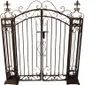 A black wrought iron gate with decorative scrollwork and finials. Produktbild-Vorschau