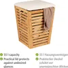 A bamboo laundry hamper with a beige lid and a towel draped over the side, with descriptive text in English and German below. Anteprima dell’immagine prodotto