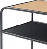 A close-up view of a two-tiered side table with a black metal frame and oak-colored top shelf, and a black shelf below. Náhľad obrázku produktu