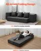 A split image showing a dark gray sofa in the top panel and a person lying on a mattress in the bottom panel. Voir les images du produit