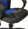 A close-up view of the seat and armrest of a black and blue racing-style office chair. Produktbild-Vorschau