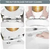 A collage of four images demonstrating the features of a toilet seat, including its attachment mechanism and cleaning process. Produktbild-Vorschau