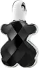 A black, faceted, bear-shaped perfume bottle with a white cap and silver trim, set against a white background. Podgląd zdjęcia produktu