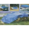A collage of images showing a blue tarp used to cover various items, including a truck bed, a boat, and items on a car roof, with a large tarp covering wood in the foreground. Produktbild-Vorschau