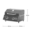 A black gas grill with silver handles and knobs, shown from a front-side angle. Dimensions are indicated with lines and text. Produktbild-Vorschau