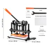 A manual leather stamping machine with its accessories and dimensions labeled. Produktbild-Vorschau