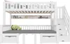 A white wooden bunk bed with a desk, bench, and storage stairs, decorated with star and moon patterns on the upper bunk's railing. Two plush toys are on the lower bunk's mattress. Produktbild-Vorschau
