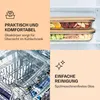 Collage of product features: text and icons on a peach background, food in containers in a refrigerator, and a dishwasher rack. Produktbild-Vorschau