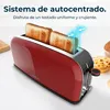 A red toaster with two slices of toast inside, set against a white background with some baked goods in the background. Produktbild-Vorschau