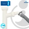A white plastic siphon connector with a gray corrugated hose attached by a metal clamp. Produktbild-Vorschau