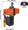 An orange electric chain hoist with a black chain bag and a yellow remote control, shown with dimensions indicated by measurement lines and text. Produktbild-Vorschau