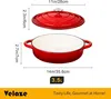 A red Dutch oven with its lid shown separately, along with dimensions and capacity. Produktbild-Vorschau