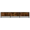 A long, low TV cabinet with a rustic wood finish and black metal frame, presented against a white background. Náhľad obrázku produktu