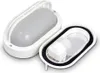A disassembled white oval outdoor light fixture with a clear ribbed lens and a black rubber seal. Produktbild-Vorschau