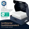A folded weighted blanket is presented in its open packaging, with various certification logos and marketing text surrounding it. Produktbild-Vorschau