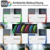 A collage of images showing a white kitchen hood with different colored RGB lighting effects. Produktbild-Vorschau
