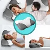 A collage of images showing people sleeping on an orthopedic pillow, with a close-up of the pillow in the center. Náhled obrázku produktu