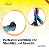 A marketing image for a stunt scooter, featuring close-ups of the wheel and handlebars, with playful drawings in the background. Produktbild-Vorschau