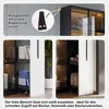 A collage of images showing a modern cabinet with glass doors, interior lighting, and a pull-out drawer. One image highlights a safety strap for anti-tipping, and another shows the pull-out drawer with books and binders. Produktbild-Vorschau