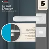 A marketing image showcasing a white door handle set with text highlighting its features and warranty. Produktbild-Vorschau