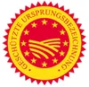 A circular seal with a red background and a yellow border, featuring stars and text. Produktbild-Vorschau