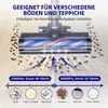 An illustration of a vacuum cleaner head cleaning debris from a floor and carpet, with graphics detailing suction power and battery life. Podgląd zdjęcia produktu