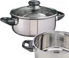Two stainless steel pots with black handles and glass lids, one in the foreground and one in the background. Produktbild-Vorschau
