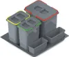 A set of grey recycling bins with colored lids on a grey tray, presented on a white background. Produktbild-Vorschau