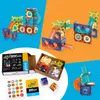 A collage of images showcasing magnetic building blocks with slides, including the product packaging and individual components. Produktbild-Vorschau
