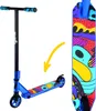 A blue trick scooter with a colorful graphic design on the deck, shown from two angles. Náhľad obrázku produktu