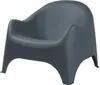 A dark gray plastic garden chair with a curved back and armrests, shown from the front. Produktbild-Vorschau