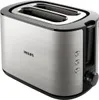 A side profile of a modern, brushed metal toaster with black accents. Produktbild-Vorschau