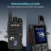 A split image showing two Retevis walkie-talkies, one in focus on the left and one blurred on the right, with graphics suggesting durability and impact resistance. Produktbild-Vorschau
