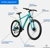 A diagram of a blue and green mountain bike with labels pointing out its features. Produktbild-Vorschau