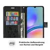 A black wallet-style phone case is open, showing credit cards and cash inside, with a smartphone screen visible. Produktbild-Vorschau