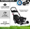 A marketing image of a BRAST lawnmower with feature callouts and certifications. Produktbild-Vorschau