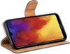 A flip-style phone case for a Huawei Y6 2019 is shown open, displaying the phone's screen with a colorful abstract wallpaper. The case is brown and made of a material resembling leather or suede. Anteprima dell’immagine prodotto