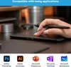 A hand using a digital pen on a drawing tablet, with application logos displayed at the bottom. Produktbild-Vorschau