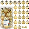 A clear product shot of gold Christmas baubles in a clear plastic container, with additional baubles arranged around it. Anteprima dell’immagine prodotto