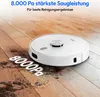 A white robotic vacuum cleaner is on a wooden floor, with dirt scattered around and the number '8000Pa' also on the floor. Produktbild-Vorschau