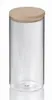 A clear glass storage jar with a wooden lid, presented on a white background. Produktbild-Vorschau