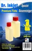 A marketing image for Dr. Inkjet cleaning fluid, featuring two bottles and a cartoon doctor character. Produktbild-Vorschau