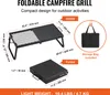 Diagrams and text illustrating the features and dimensions of a foldable campfire grill. Voir les images du produit