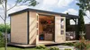 A wooden garden shed with an attached covered seating area in a backyard setting. Produktbild-Vorschau
